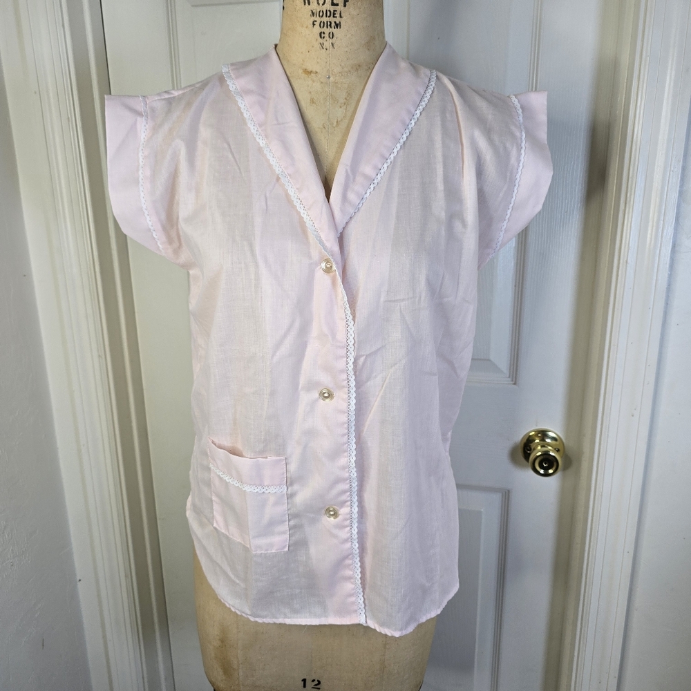 Carole Vintage Pink White Lace Trim Button Front Womens‎ Blouse M